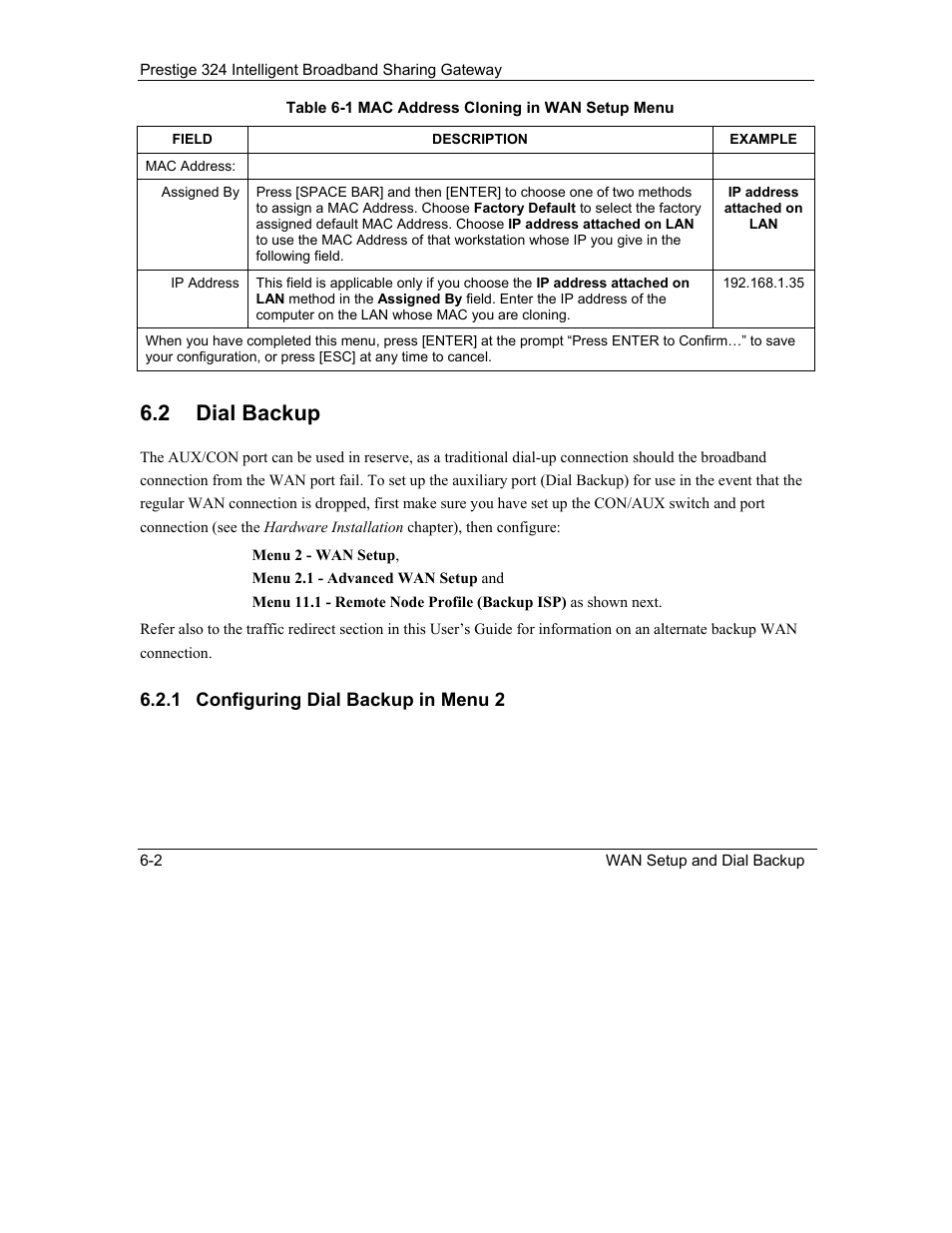 Dial backup, 2 dial backup | ZyXEL Communications Intelligent Broadband Sharing Gateway P-324 User Manual | Page 69 / 285