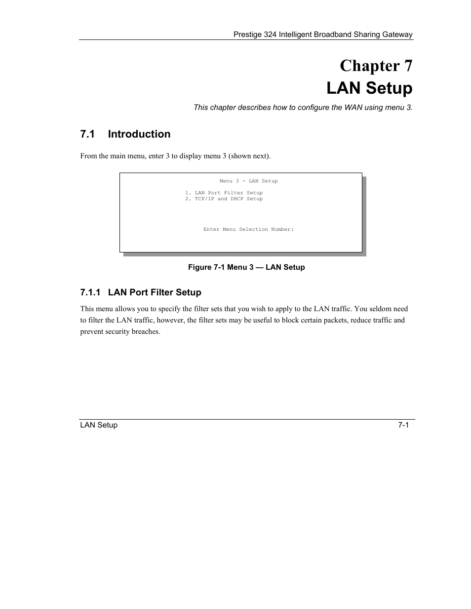 Lan setup, Introduction, Chapter 7 lan setup | 1 introduction | ZyXEL Communications Intelligent Broadband Sharing Gateway P-324 User Manual | Page 80 / 285