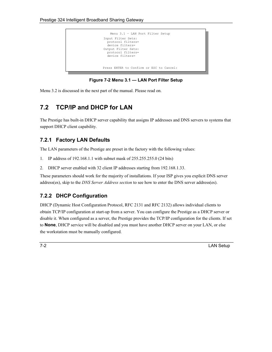 Tcp/ip and dhcp for lan, 2 tcp/ip and dhcp for lan, 1 factory lan defaults | 2 dhcp configuration | ZyXEL Communications Intelligent Broadband Sharing Gateway P-324 User Manual | Page 81 / 285