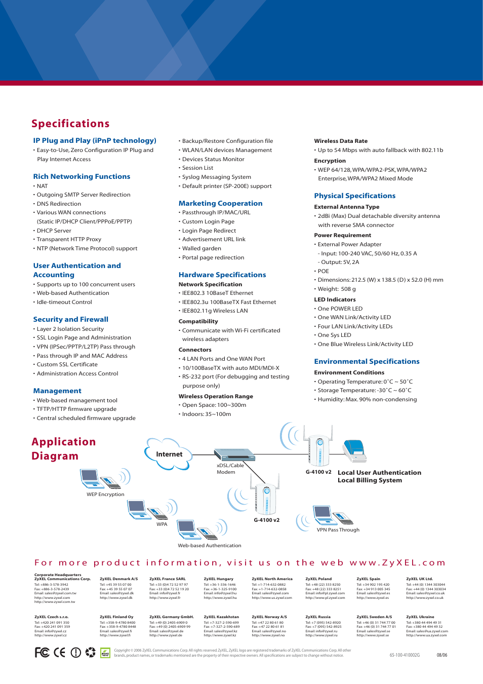 Specifications, Application diagram, Ip plug and play (ipnp technology) | Rich networking functions, User authentication and accounting, Security and firewall, Management, Marketing cooperation, Hardware specifications, Physical specifications | ZyXEL Communications G-4100 v2 User Manual | Page 2 / 2