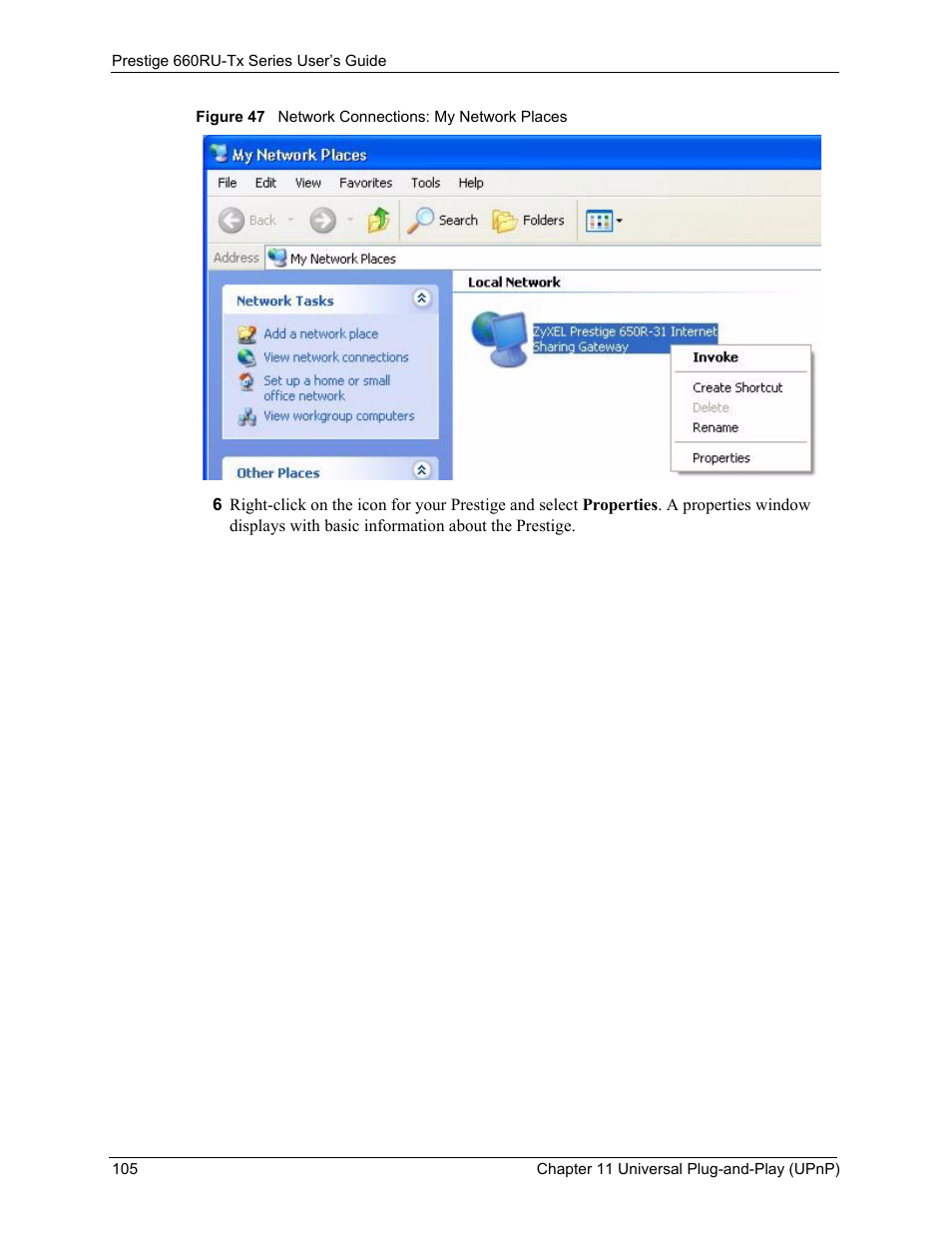 Figure 47 network connections: my network places | ZyXEL Communications ADSL2+ Ethernet/USB Gateway 660RU-Tx Series User Manual | Page 106 / 286