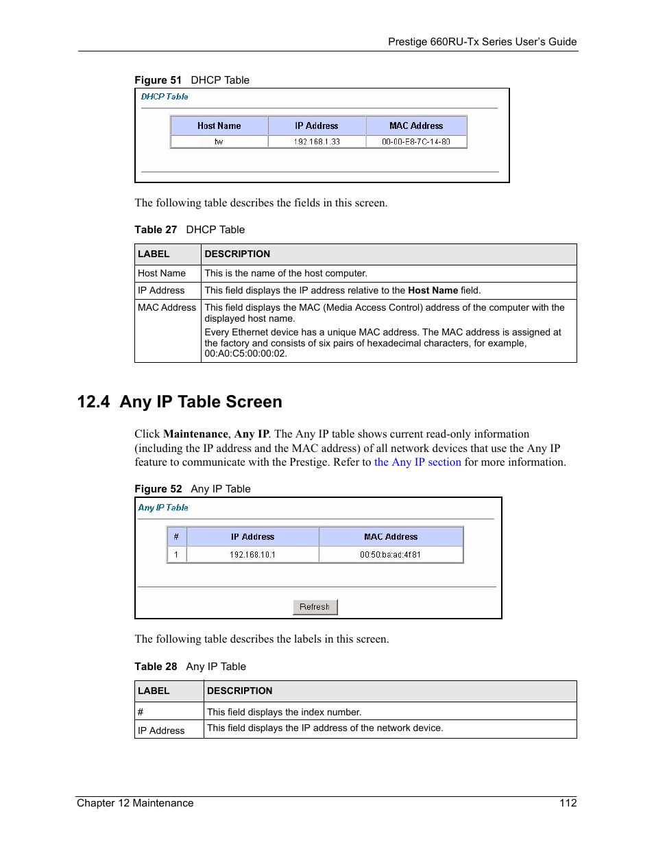 4 any ip table screen, Figure 51 dhcp table figure 52 any ip table, Table 27 dhcp table table 28 any ip table | ZyXEL Communications ADSL2+ Ethernet/USB Gateway 660RU-Tx Series User Manual | Page 113 / 286
