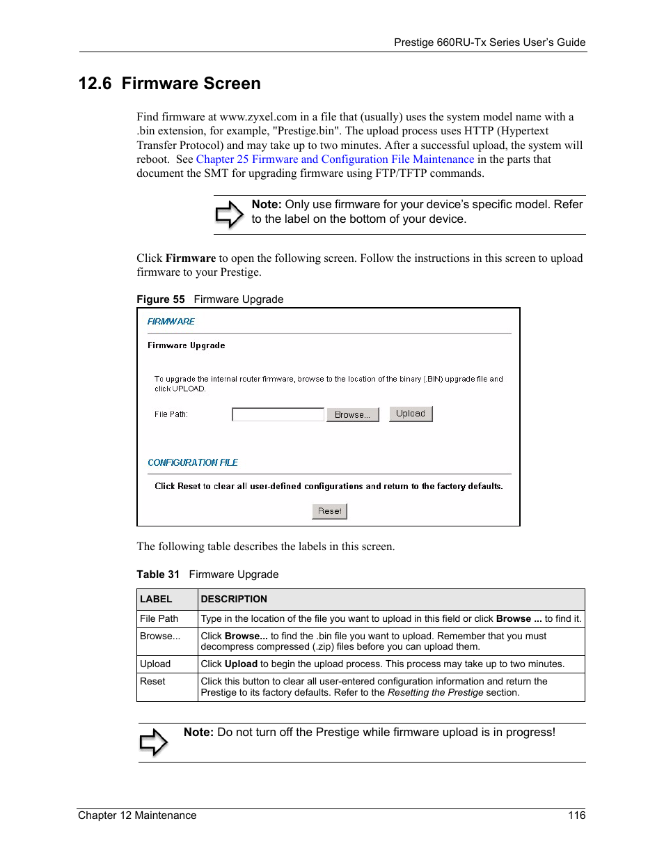 6 firmware screen, Figure 55 firmware upgrade, Table 31 firmware upgrade | ZyXEL Communications ADSL2+ Ethernet/USB Gateway 660RU-Tx Series User Manual | Page 117 / 286
