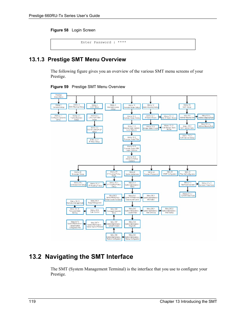 3 prestige smt menu overview, 2 navigating the smt interface | ZyXEL Communications ADSL2+ Ethernet/USB Gateway 660RU-Tx Series User Manual | Page 120 / 286