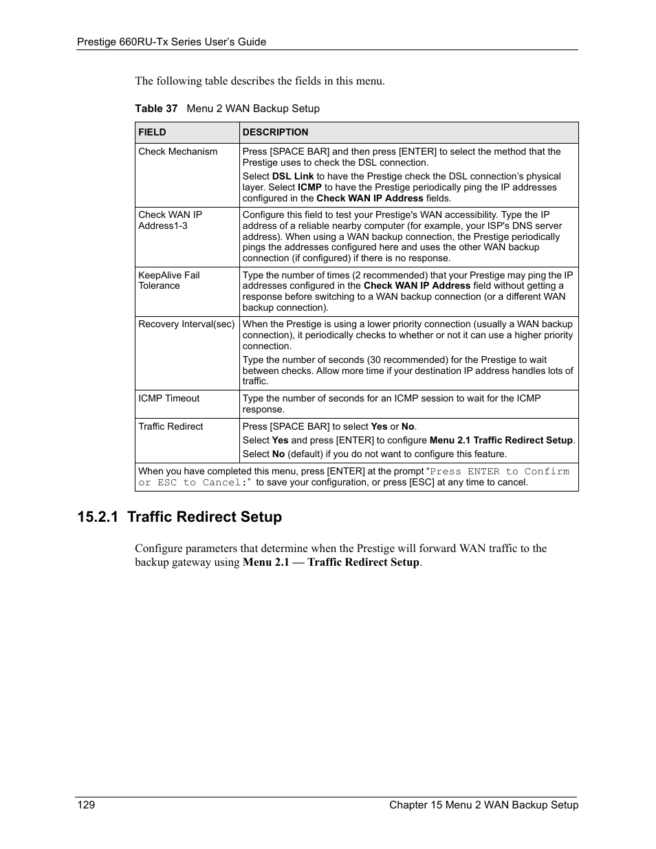 1 traffic redirect setup, Table 37 menu 2 wan backup setup | ZyXEL Communications ADSL2+ Ethernet/USB Gateway 660RU-Tx Series User Manual | Page 130 / 286