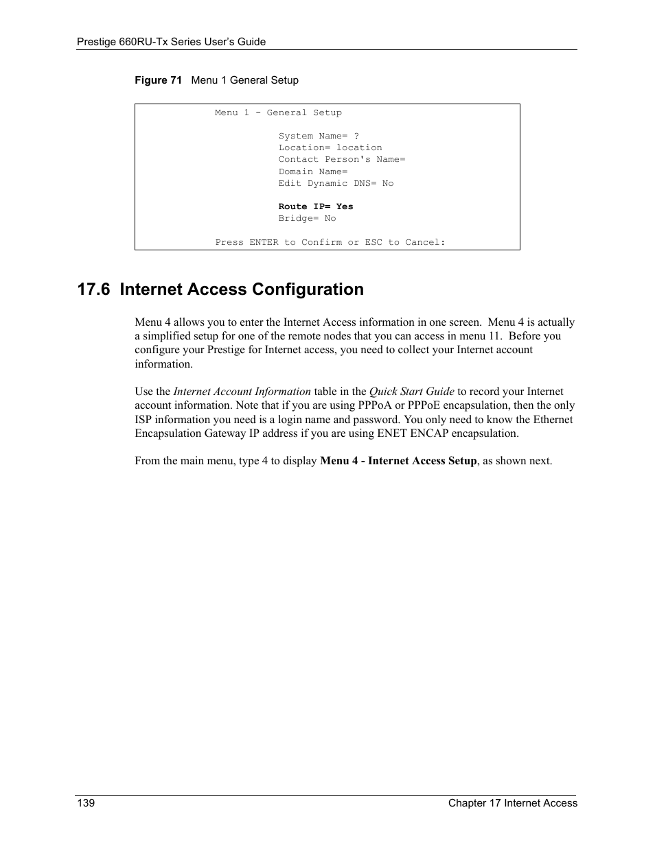 6 internet access configuration, Figure 71 menu 1 general setup | ZyXEL Communications ADSL2+ Ethernet/USB Gateway 660RU-Tx Series User Manual | Page 140 / 286