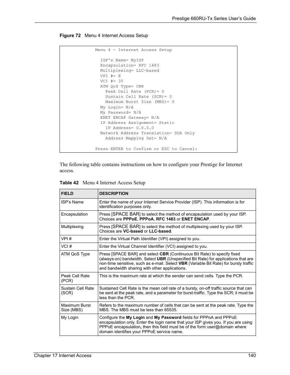Figure 72 menu 4 internet access setup, Table 42 menu 4 internet access setup | ZyXEL Communications ADSL2+ Ethernet/USB Gateway 660RU-Tx Series User Manual | Page 141 / 286