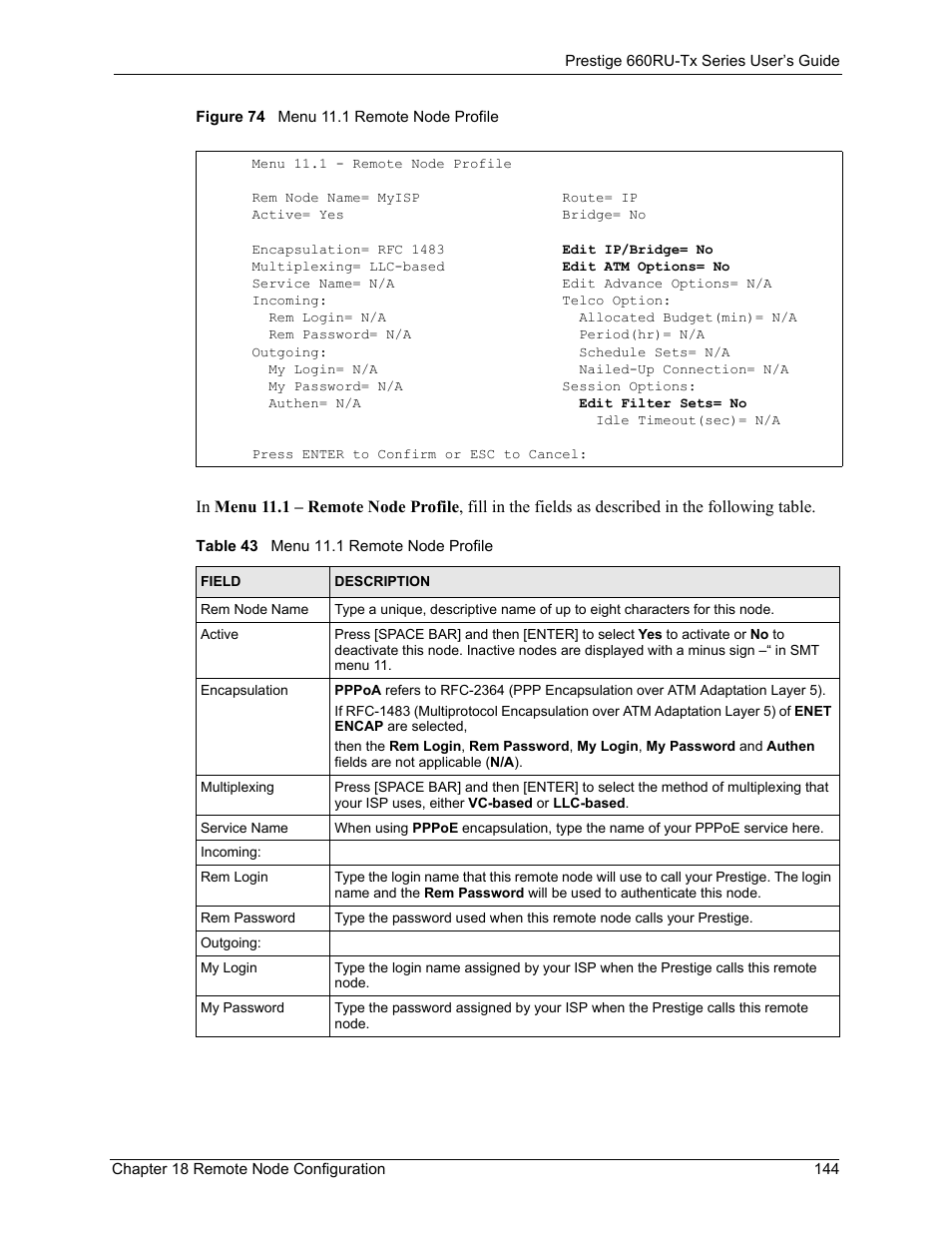 Figure 74 menu 11.1 remote node profile, Table 43 menu 11.1 remote node profile | ZyXEL Communications ADSL2+ Ethernet/USB Gateway 660RU-Tx Series User Manual | Page 145 / 286