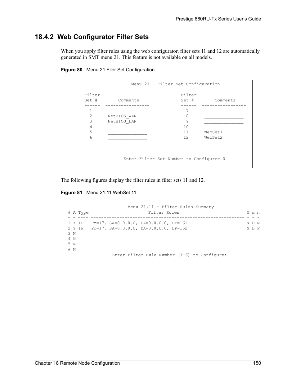 2 web configurator filter sets | ZyXEL Communications ADSL2+ Ethernet/USB Gateway 660RU-Tx Series User Manual | Page 151 / 286