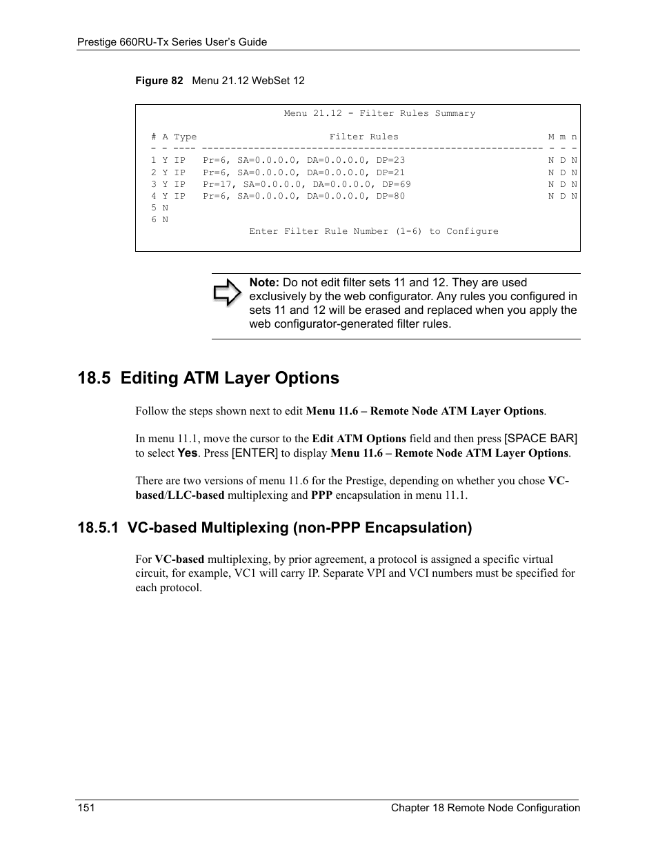 5 editing atm layer options, 1 vc-based multiplexing (non-ppp encapsulation), Figure 82 menu 21.12 webset 12 | ZyXEL Communications ADSL2+ Ethernet/USB Gateway 660RU-Tx Series User Manual | Page 152 / 286