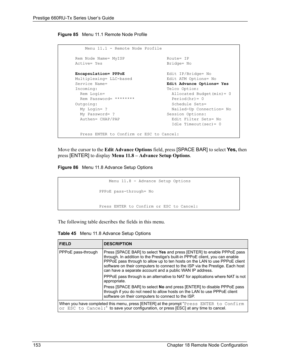 Table 45 menu 11.8 advance setup options | ZyXEL Communications ADSL2+ Ethernet/USB Gateway 660RU-Tx Series User Manual | Page 154 / 286