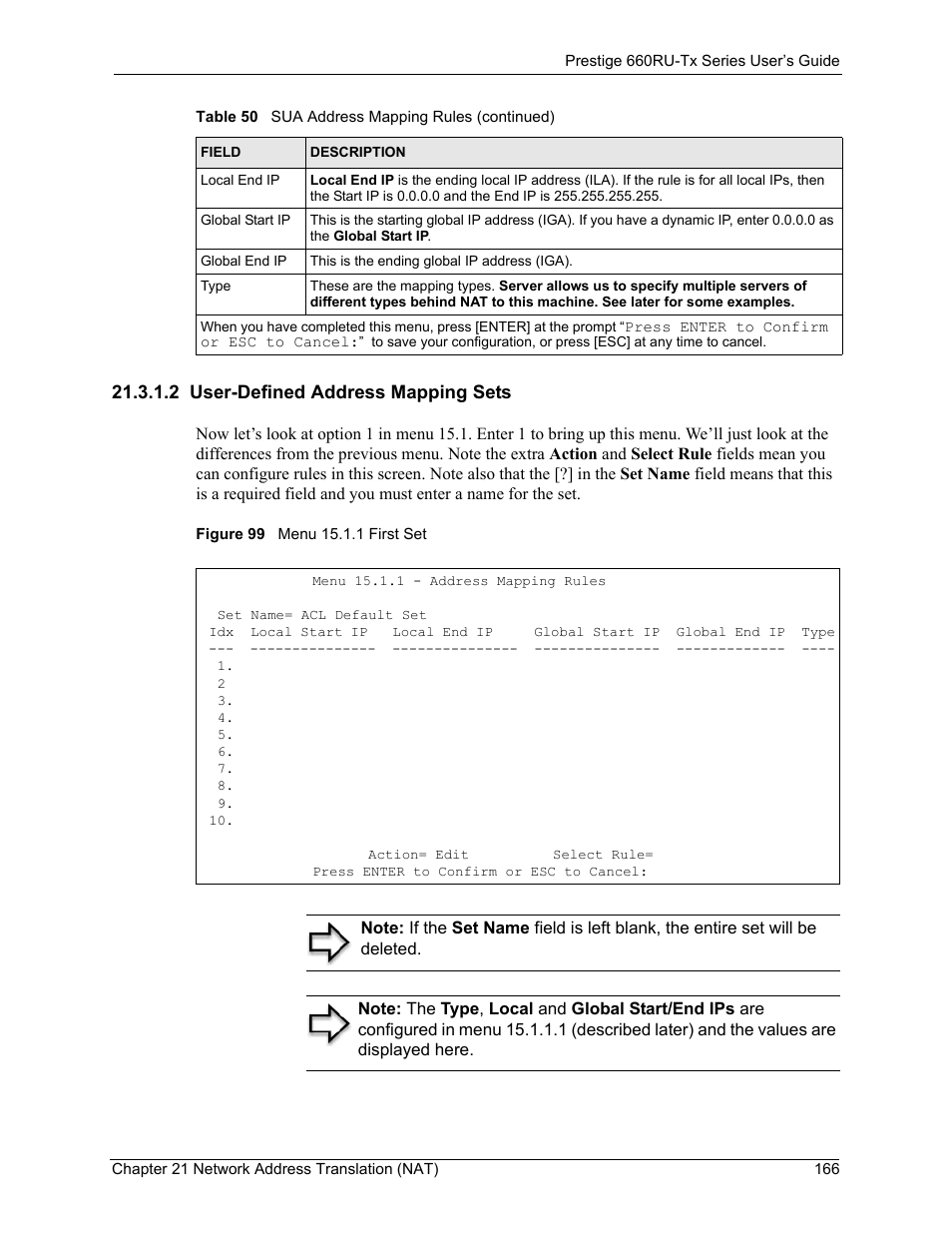 2 user-defined address mapping sets, Figure 99 menu 15.1.1 first set | ZyXEL Communications ADSL2+ Ethernet/USB Gateway 660RU-Tx Series User Manual | Page 167 / 286