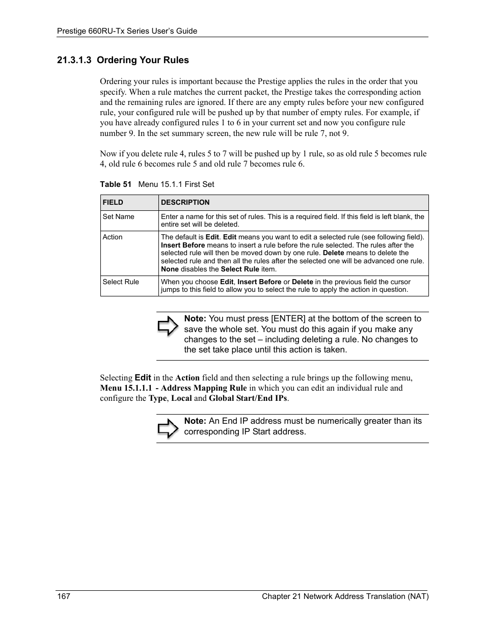 3 ordering your rules, Table 51 menu 15.1.1 first set | ZyXEL Communications ADSL2+ Ethernet/USB Gateway 660RU-Tx Series User Manual | Page 168 / 286