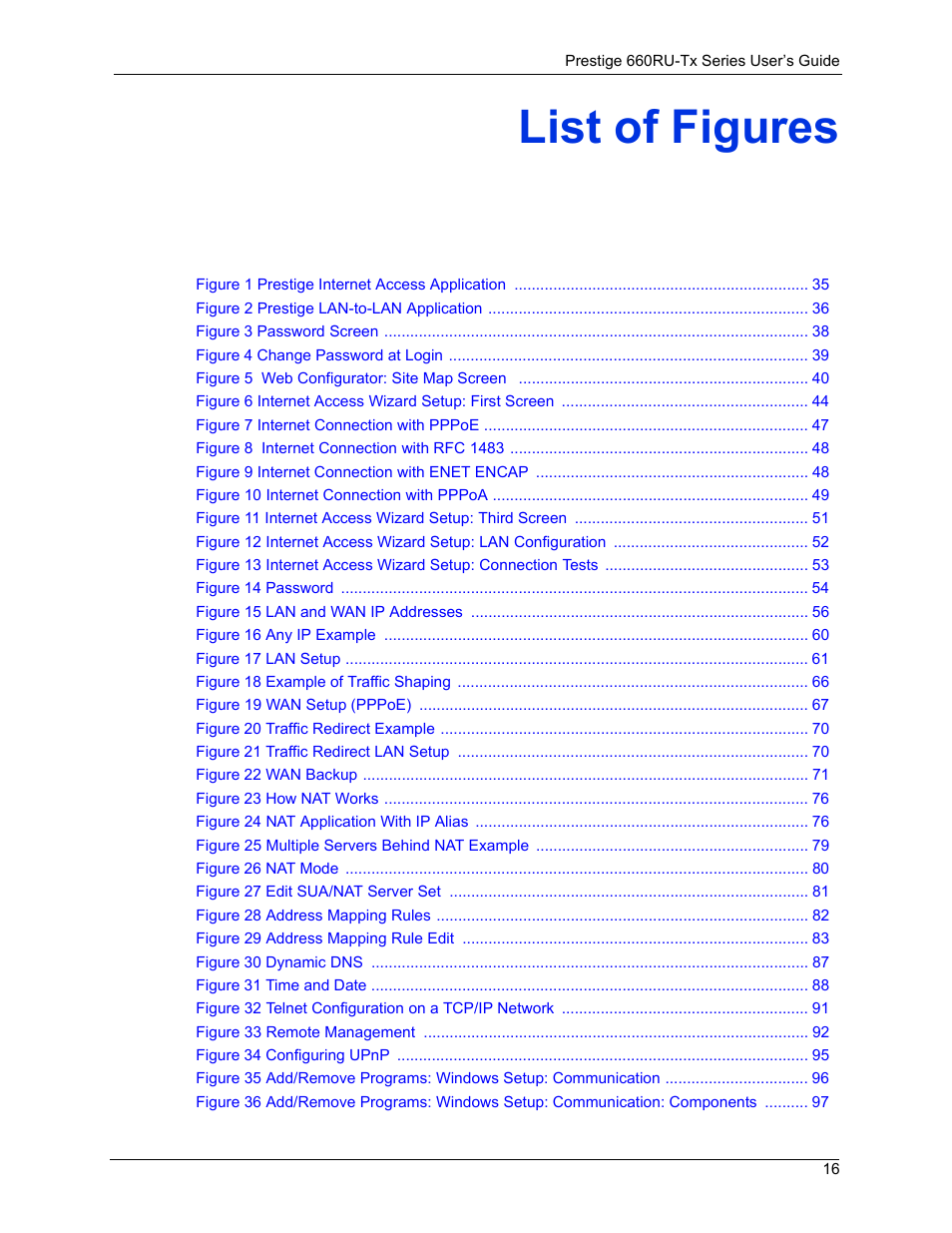 List of figures | ZyXEL Communications ADSL2+ Ethernet/USB Gateway 660RU-Tx Series User Manual | Page 17 / 286