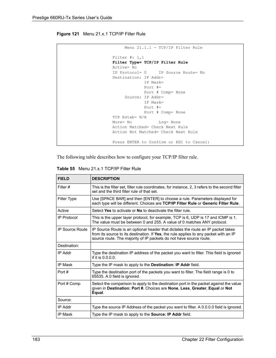 Figure 121 menu 21.x.1 tcp/ip filter rule, Table 55 menu 21.x.1 tcp/ip filter rule | ZyXEL Communications ADSL2+ Ethernet/USB Gateway 660RU-Tx Series User Manual | Page 184 / 286