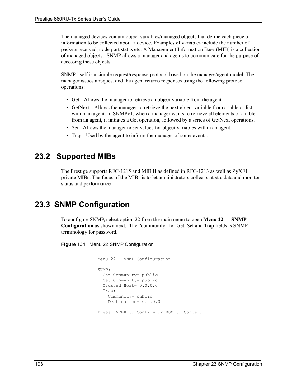2 supported mibs, 3 snmp configuration, 2 supported mibs 23.3 snmp configuration | Figure 131 menu 22 snmp configuration | ZyXEL Communications ADSL2+ Ethernet/USB Gateway 660RU-Tx Series User Manual | Page 194 / 286