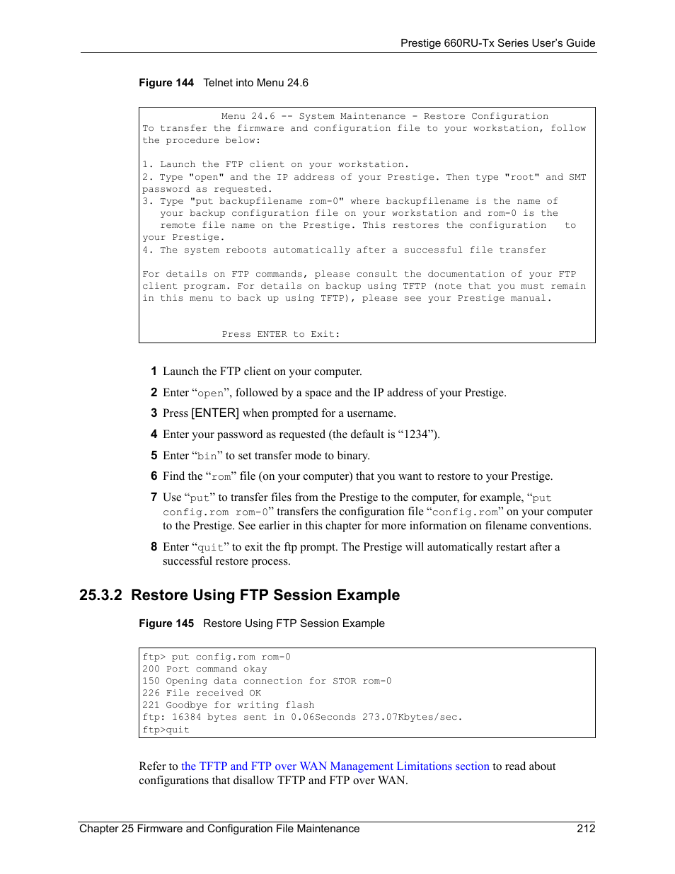 2 restore using ftp session example | ZyXEL Communications ADSL2+ Ethernet/USB Gateway 660RU-Tx Series User Manual | Page 213 / 286