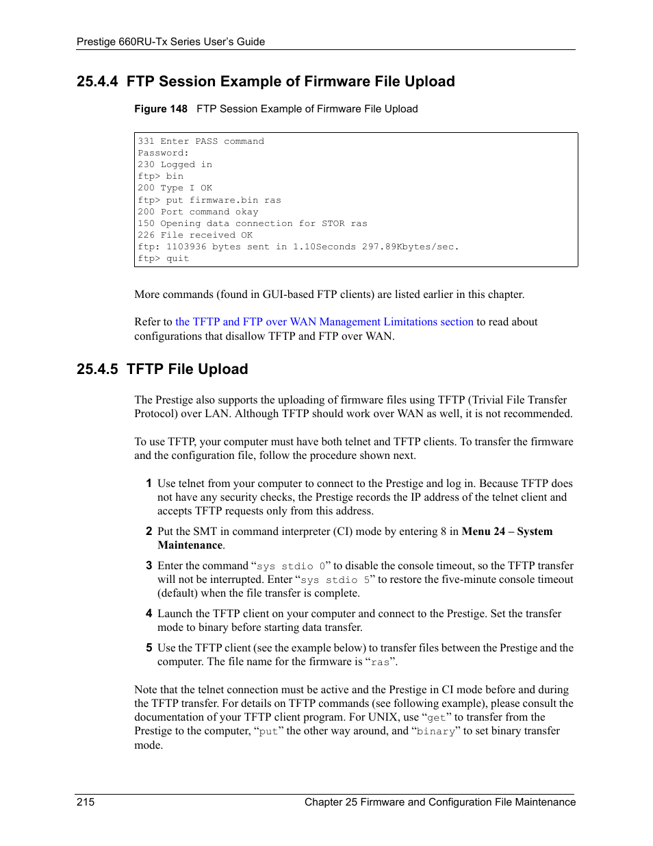 4 ftp session example of firmware file upload, 5 tftp file upload | ZyXEL Communications ADSL2+ Ethernet/USB Gateway 660RU-Tx Series User Manual | Page 216 / 286