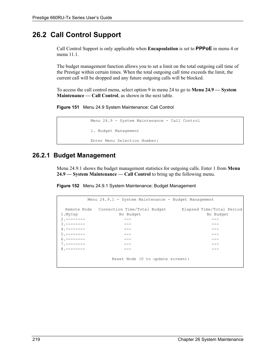 2 call control support, 1 budget management | ZyXEL Communications ADSL2+ Ethernet/USB Gateway 660RU-Tx Series User Manual | Page 220 / 286