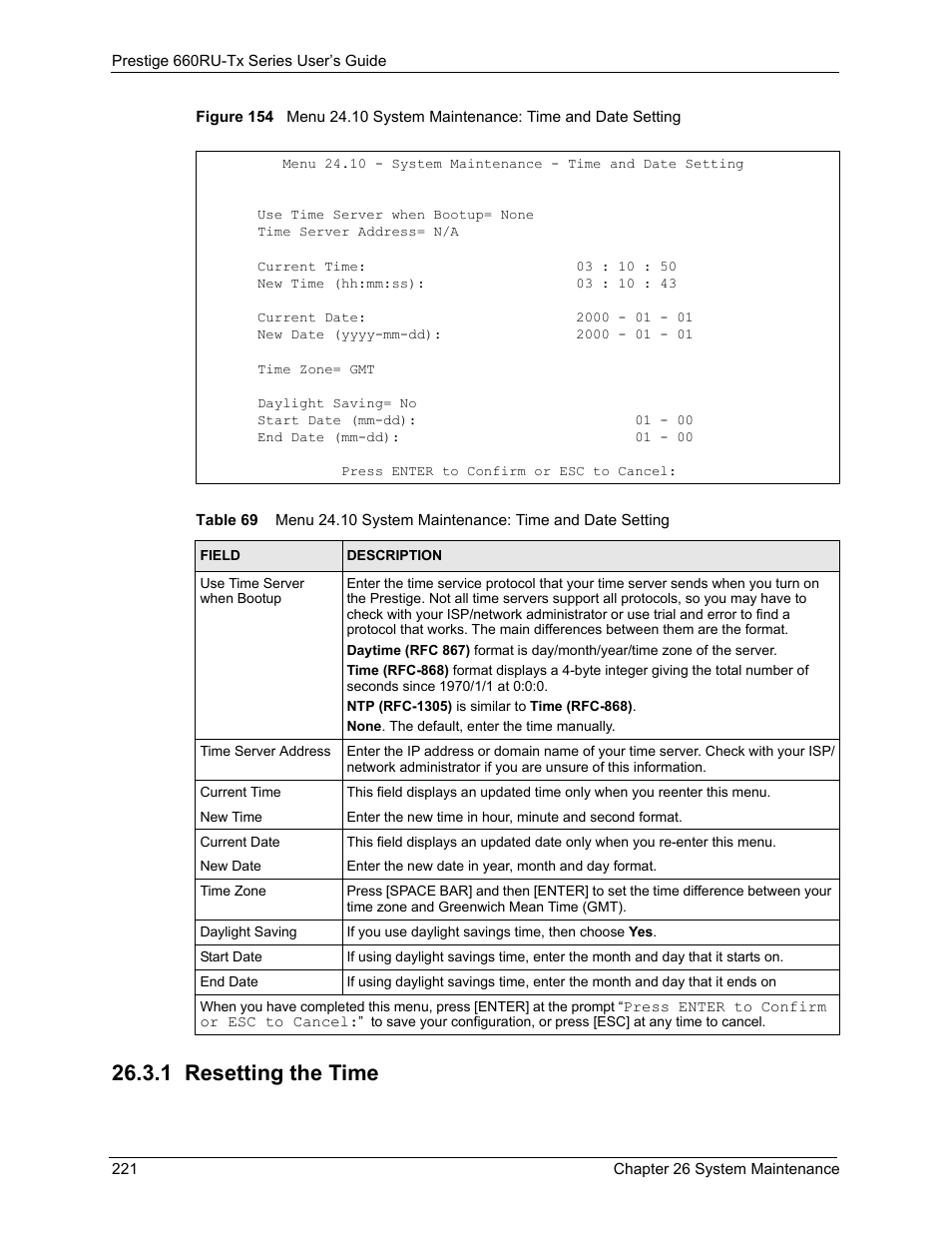 1 resetting the time | ZyXEL Communications ADSL2+ Ethernet/USB Gateway 660RU-Tx Series User Manual | Page 222 / 286