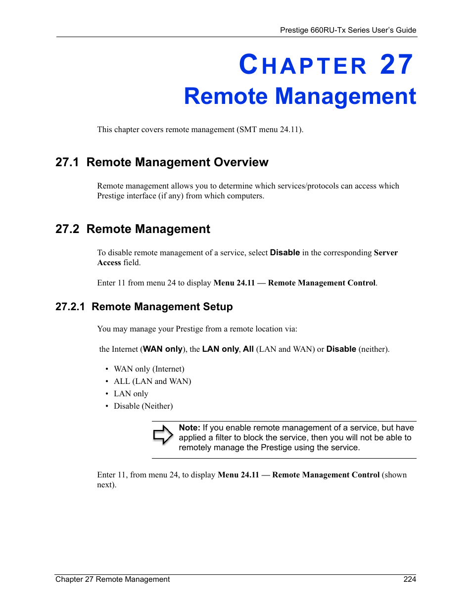 Remote management, 1 remote management overview, 2 remote management | 1 remote management setup, Chapter 27 remote management | ZyXEL Communications ADSL2+ Ethernet/USB Gateway 660RU-Tx Series User Manual | Page 225 / 286