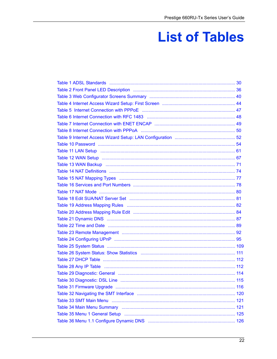 List of tables | ZyXEL Communications ADSL2+ Ethernet/USB Gateway 660RU-Tx Series User Manual | Page 23 / 286