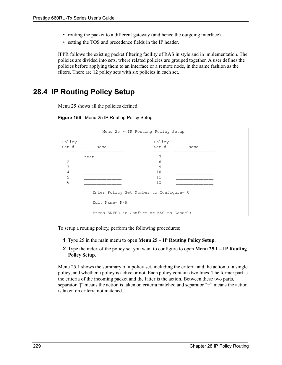 4 ip routing policy setup, Figure 156 menu 25 ip routing policy setup | ZyXEL Communications ADSL2+ Ethernet/USB Gateway 660RU-Tx Series User Manual | Page 230 / 286