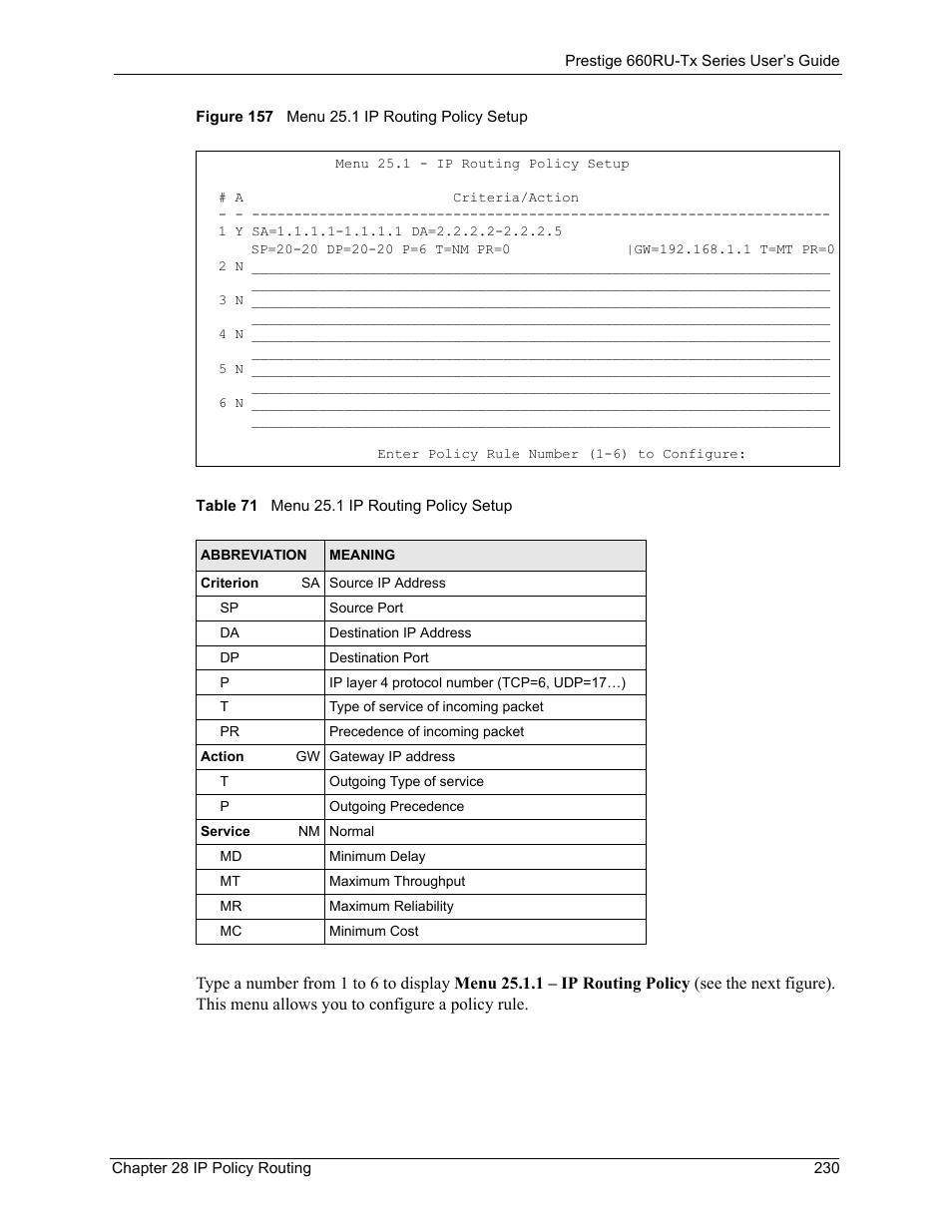 Figure 157 menu 25.1 ip routing policy setup, Table 71 menu 25.1 ip routing policy setup | ZyXEL Communications ADSL2+ Ethernet/USB Gateway 660RU-Tx Series User Manual | Page 231 / 286