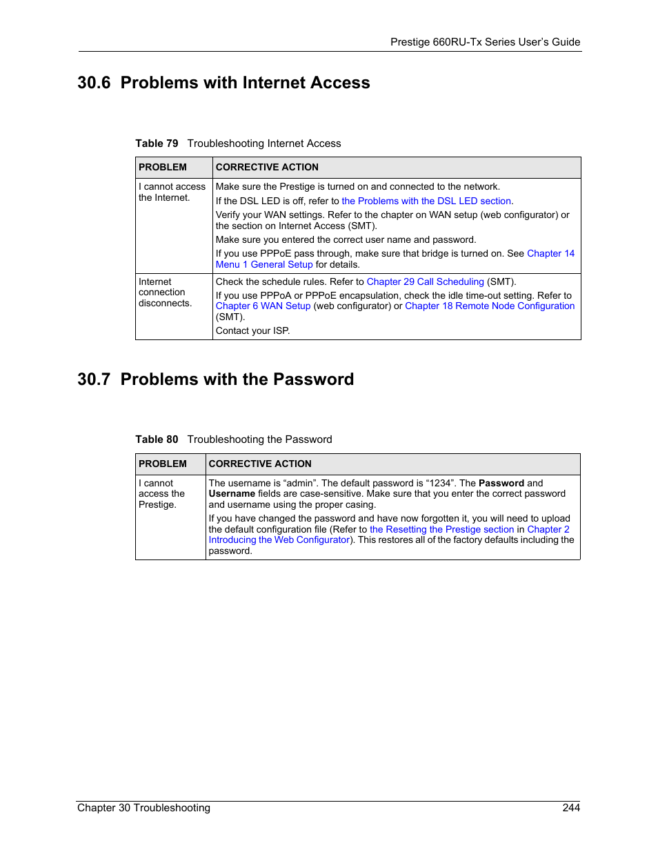 6 problems with internet access, 7 problems with the password, Table 79 troubleshooting internet access | Table 80 troubleshooting the password | ZyXEL Communications ADSL2+ Ethernet/USB Gateway 660RU-Tx Series User Manual | Page 245 / 286