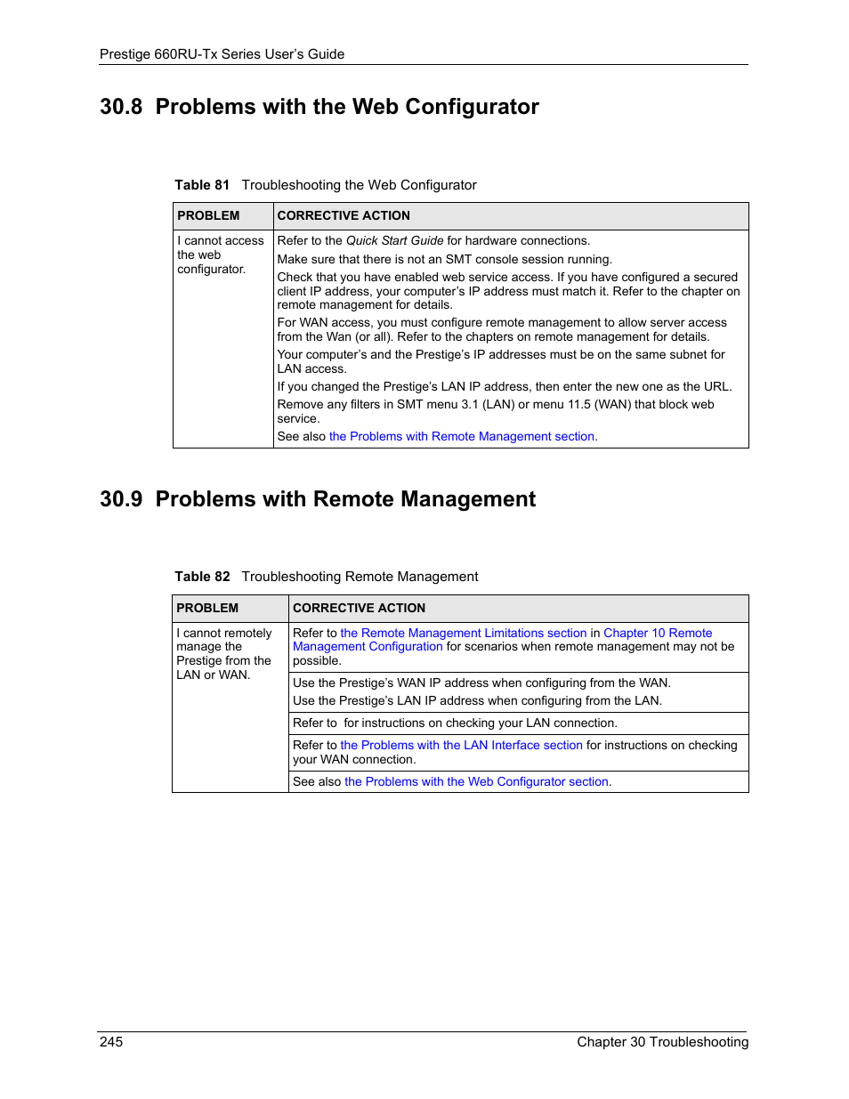 8 problems with the web configurator, 9 problems with remote management | ZyXEL Communications ADSL2+ Ethernet/USB Gateway 660RU-Tx Series User Manual | Page 246 / 286