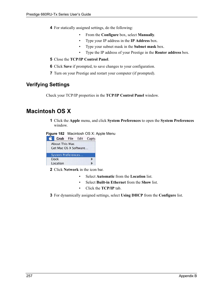 Verifying settings, Macintosh os x, Figure 182 macintosh os x: apple menu | ZyXEL Communications ADSL2+ Ethernet/USB Gateway 660RU-Tx Series User Manual | Page 258 / 286