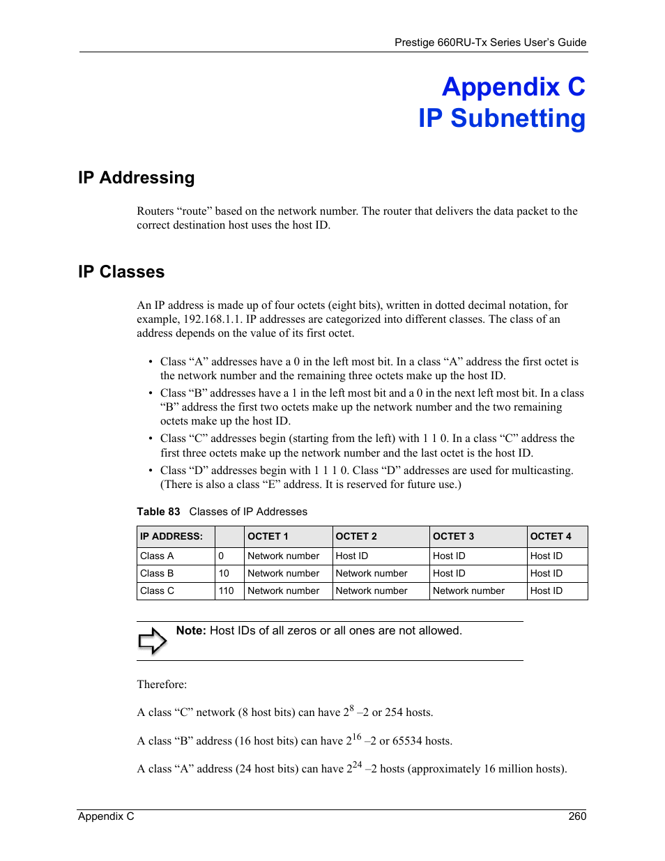 C. ip subnetting, Appendix c ip subnetting, Ip addressing ip classes | Table 83 classes of ip addresses, For m, Ip addressing, Ip classes | ZyXEL Communications ADSL2+ Ethernet/USB Gateway 660RU-Tx Series User Manual | Page 261 / 286