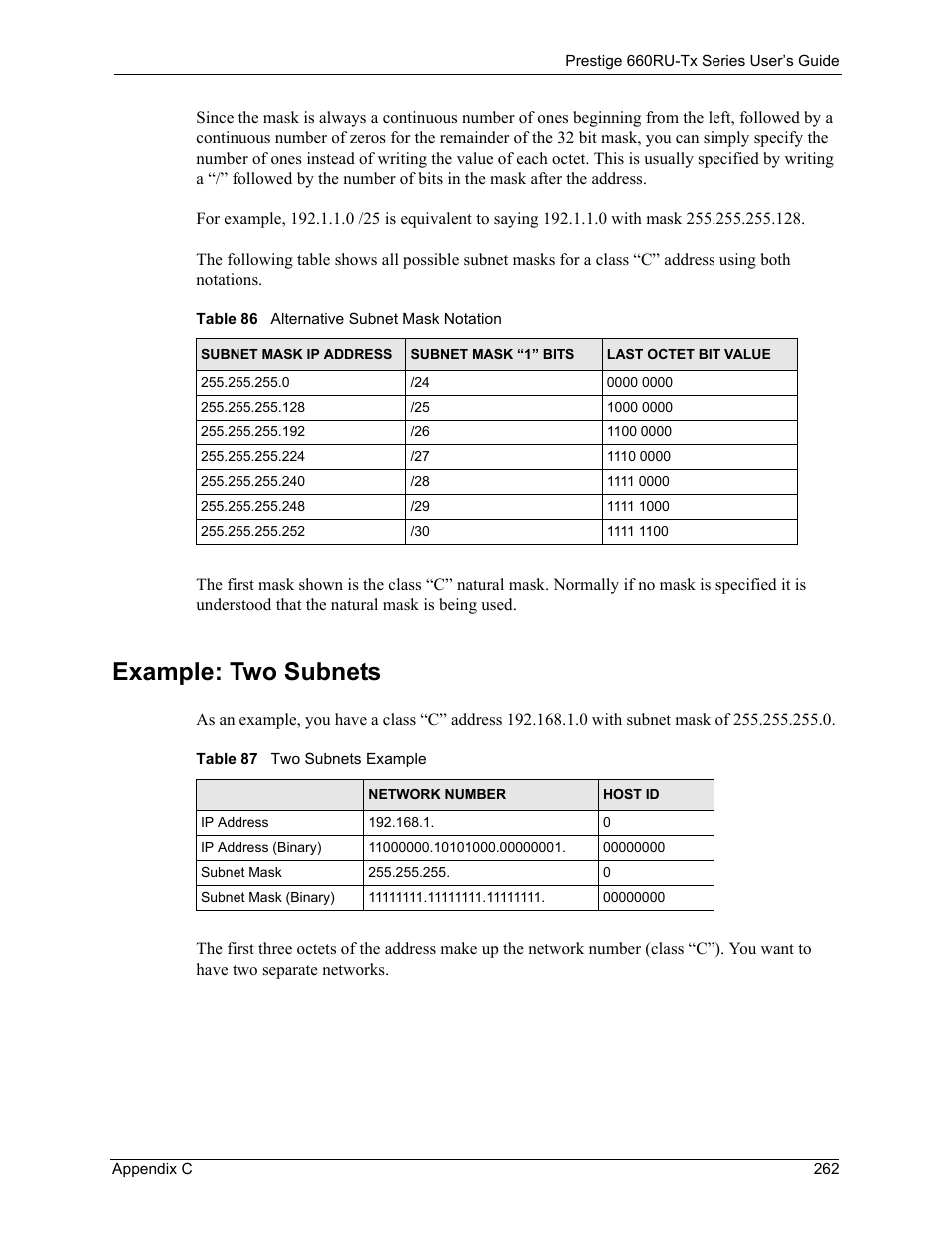 Example: two subnets | ZyXEL Communications ADSL2+ Ethernet/USB Gateway 660RU-Tx Series User Manual | Page 263 / 286