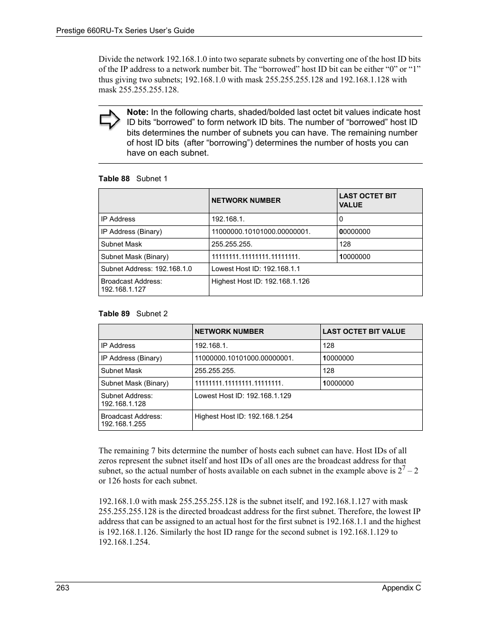 Table 88 subnet 1 table 89 subnet 2 | ZyXEL Communications ADSL2+ Ethernet/USB Gateway 660RU-Tx Series User Manual | Page 264 / 286