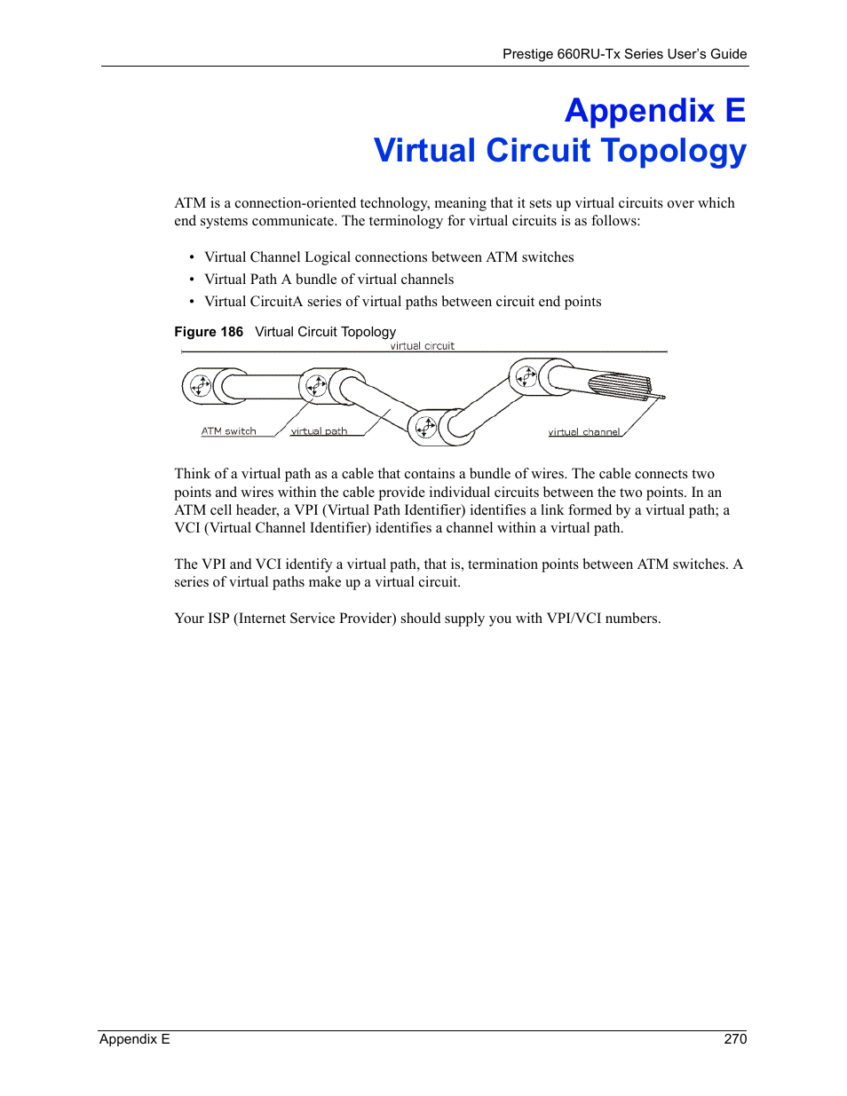 E. virtual circuit topology, Appendix e virtual circuit topology, Figure 186 virtual circuit topology | ZyXEL Communications ADSL2+ Ethernet/USB Gateway 660RU-Tx Series User Manual | Page 271 / 286