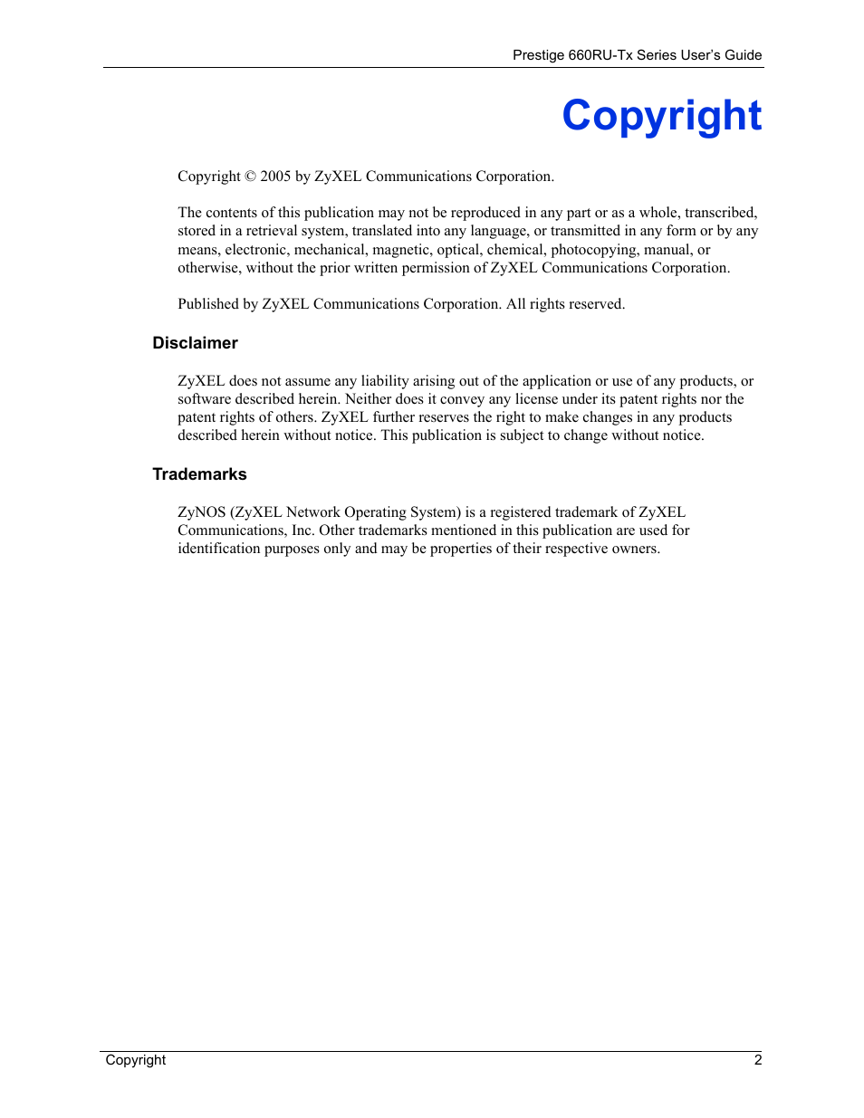 Copyright | ZyXEL Communications ADSL2+ Ethernet/USB Gateway 660RU-Tx Series User Manual | Page 3 / 286