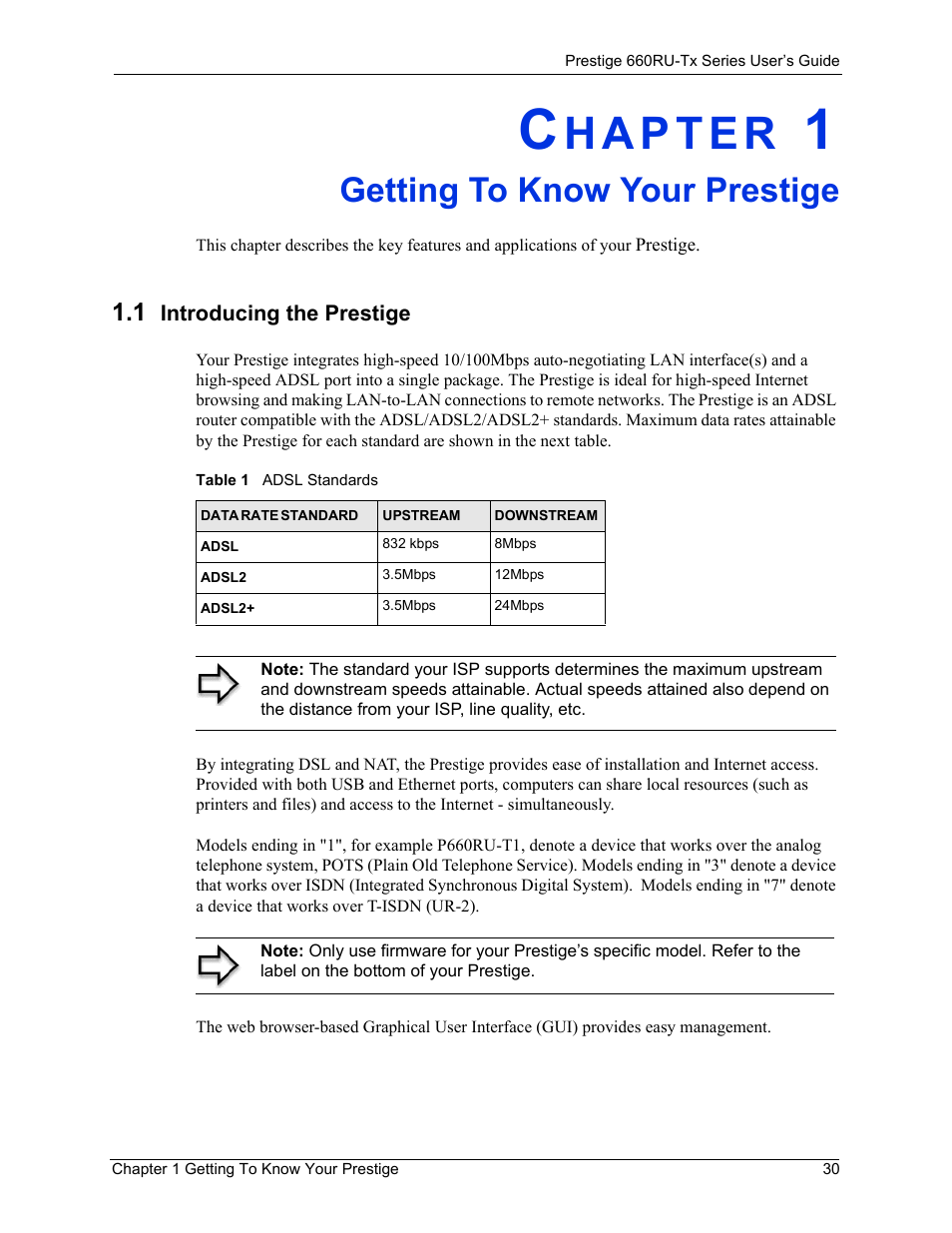 Getting to know your prestige, 1 introducing the prestige, Chapter 1 getting to know your prestige | Table 1 adsl standards | ZyXEL Communications ADSL2+ Ethernet/USB Gateway 660RU-Tx Series User Manual | Page 31 / 286
