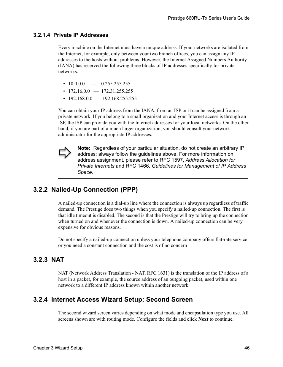 4 private ip addresses, 2 nailed-up connection (ppp), 3 nat | 4 internet access wizard setup: second screen | ZyXEL Communications ADSL2+ Ethernet/USB Gateway 660RU-Tx Series User Manual | Page 47 / 286