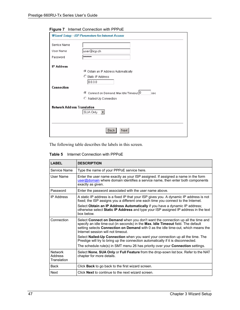 Figure 7 internet connection with pppoe, Table 5 internet connection with pppoe | ZyXEL Communications ADSL2+ Ethernet/USB Gateway 660RU-Tx Series User Manual | Page 48 / 286