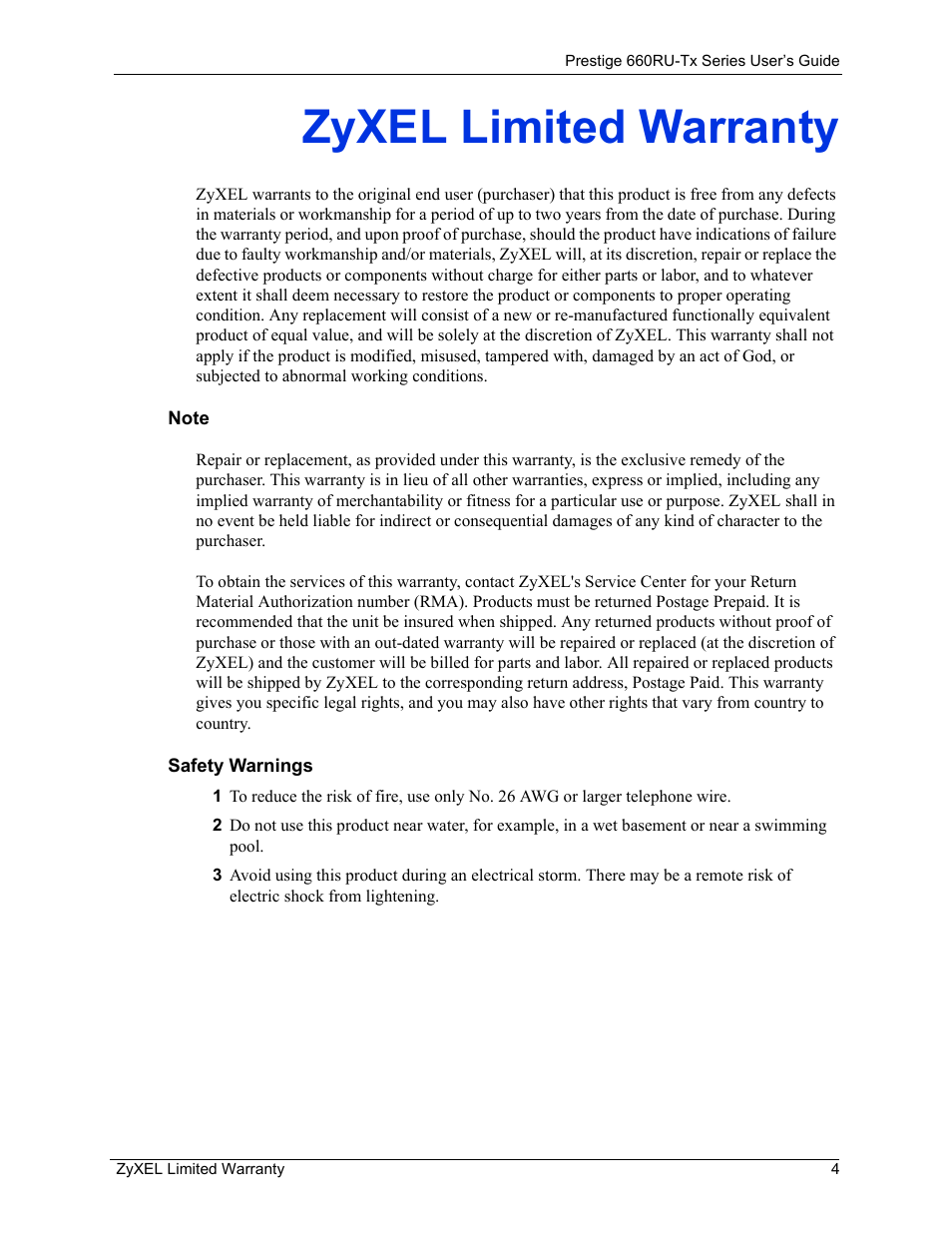 Zyxel limited warranty | ZyXEL Communications ADSL2+ Ethernet/USB Gateway 660RU-Tx Series User Manual | Page 5 / 286