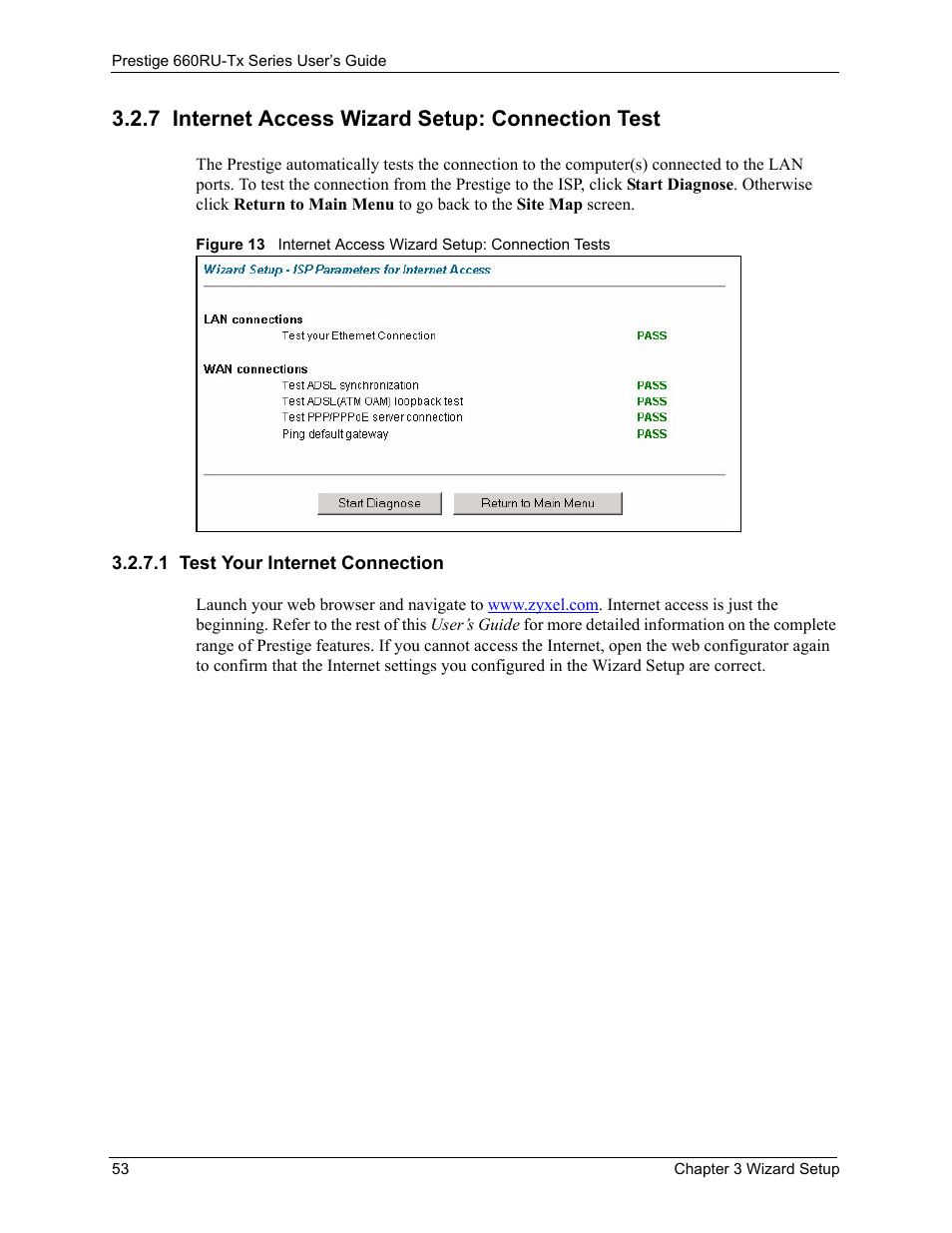 7 internet access wizard setup: connection test, 1 test your internet connection | ZyXEL Communications ADSL2+ Ethernet/USB Gateway 660RU-Tx Series User Manual | Page 54 / 286