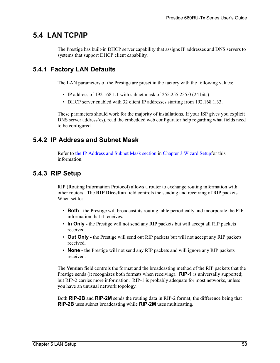 4 lan tcp/ip, 1 factory lan defaults, 2 ip address and subnet mask | 3 rip setup | ZyXEL Communications ADSL2+ Ethernet/USB Gateway 660RU-Tx Series User Manual | Page 59 / 286