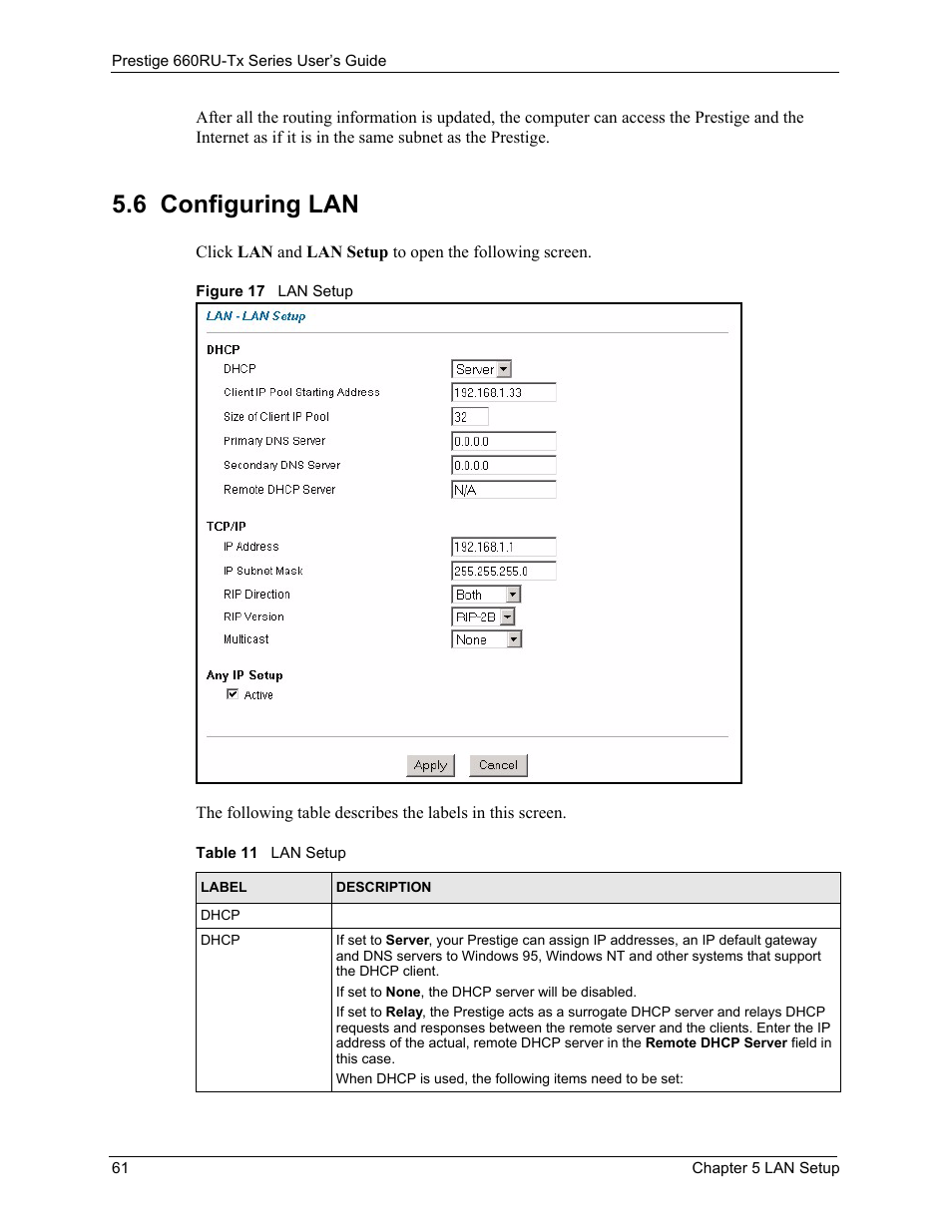 6 configuring lan, Figure 17 lan setup, Table 11 lan setup | ZyXEL Communications ADSL2+ Ethernet/USB Gateway 660RU-Tx Series User Manual | Page 62 / 286