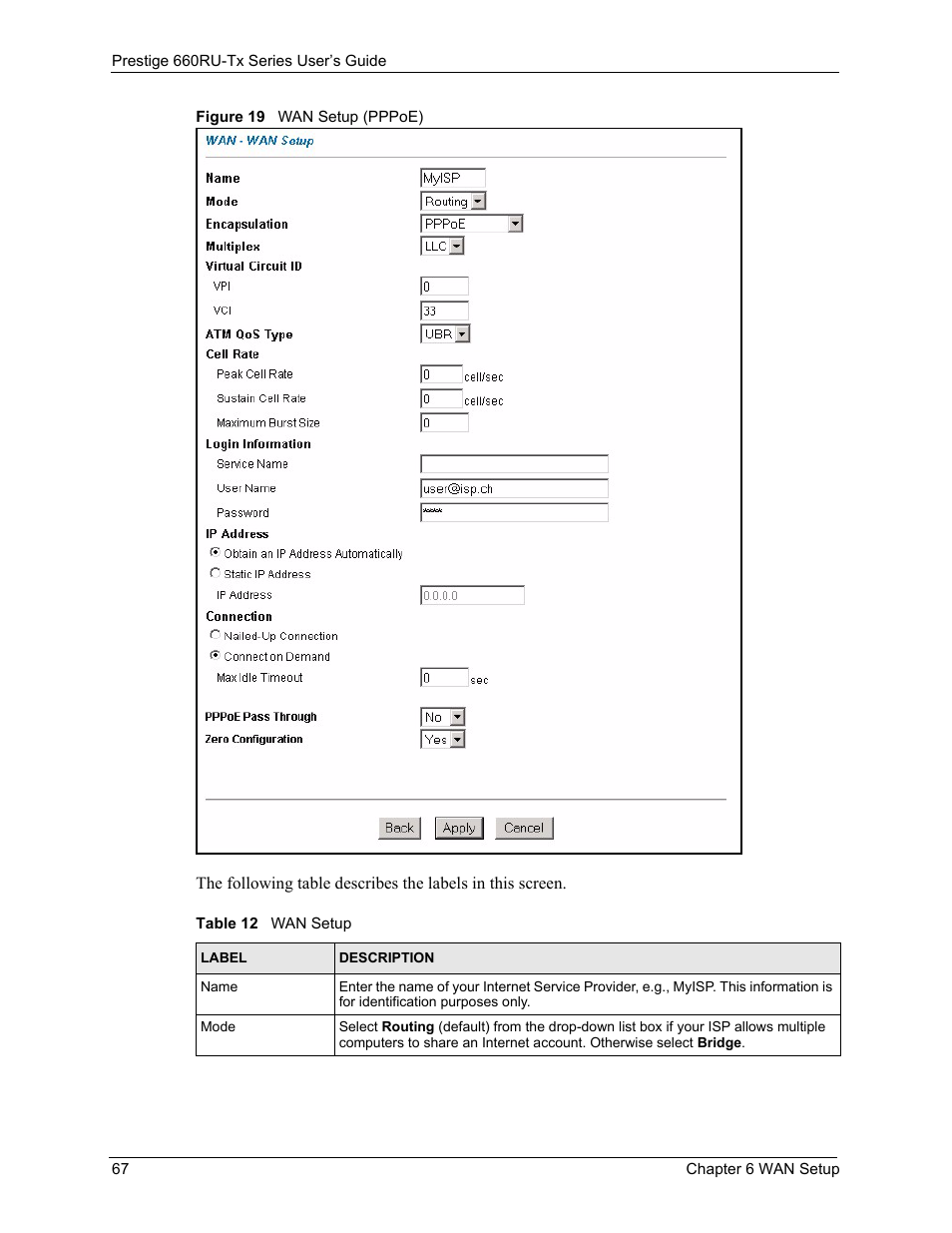 Figure 19 wan setup (pppoe), Table 12 wan setup | ZyXEL Communications ADSL2+ Ethernet/USB Gateway 660RU-Tx Series User Manual | Page 68 / 286