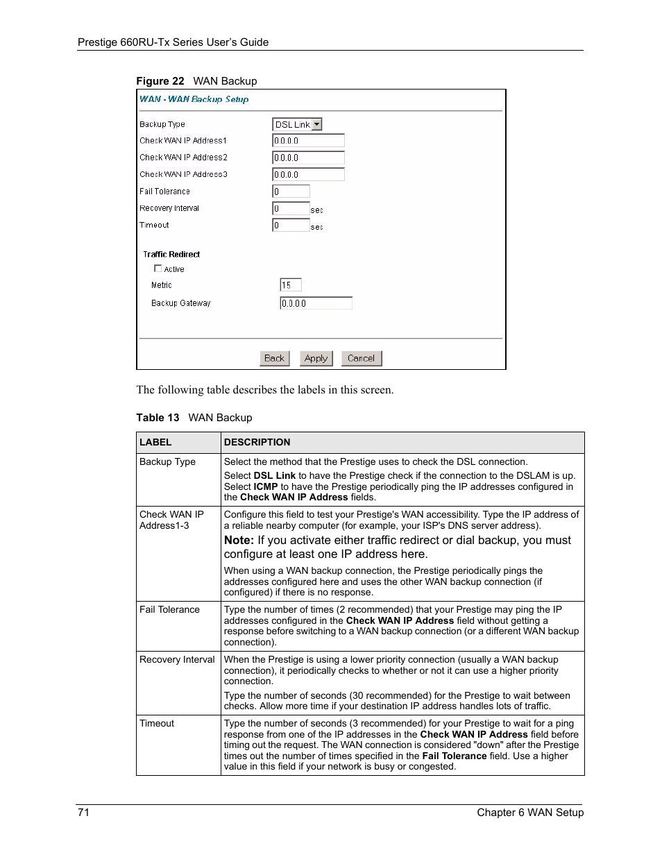 Figure 22 wan backup, Table 13 wan backup | ZyXEL Communications ADSL2+ Ethernet/USB Gateway 660RU-Tx Series User Manual | Page 72 / 286