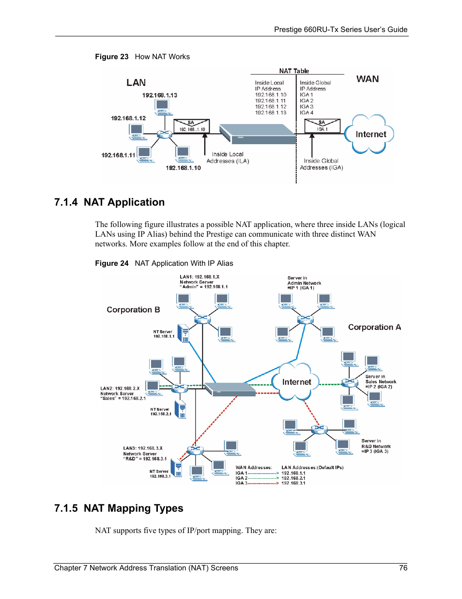 4 nat application, 5 nat mapping types, 4 nat application 7.1.5 nat mapping types | ZyXEL Communications ADSL2+ Ethernet/USB Gateway 660RU-Tx Series User Manual | Page 77 / 286