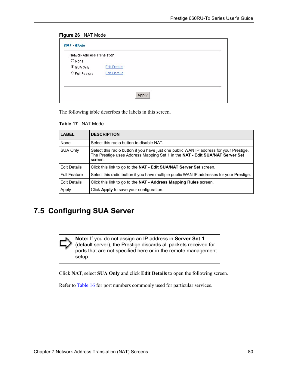 5 configuring sua server, Figure 26 nat mode, Table 17 nat mode | ZyXEL Communications ADSL2+ Ethernet/USB Gateway 660RU-Tx Series User Manual | Page 81 / 286