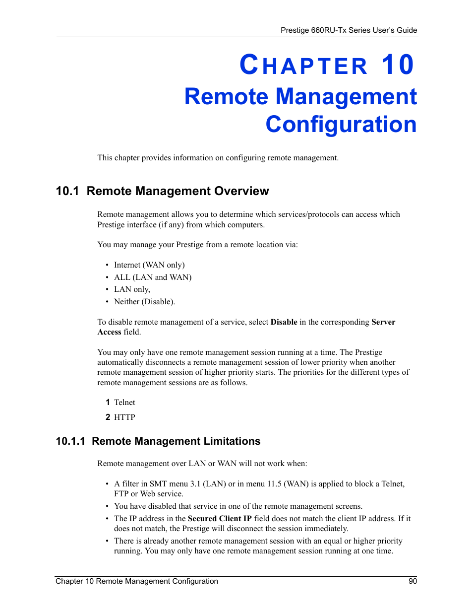 Remote management configuration, 1 remote management overview, 1 remote management limitations | Chapter 10 remote management configuration | ZyXEL Communications ADSL2+ Ethernet/USB Gateway 660RU-Tx Series User Manual | Page 91 / 286