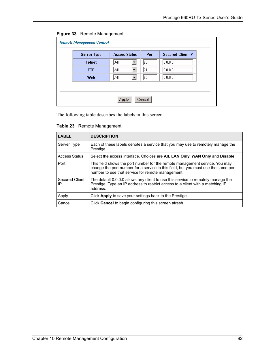 Figure 33 remote management, Table 23 remote management | ZyXEL Communications ADSL2+ Ethernet/USB Gateway 660RU-Tx Series User Manual | Page 93 / 286