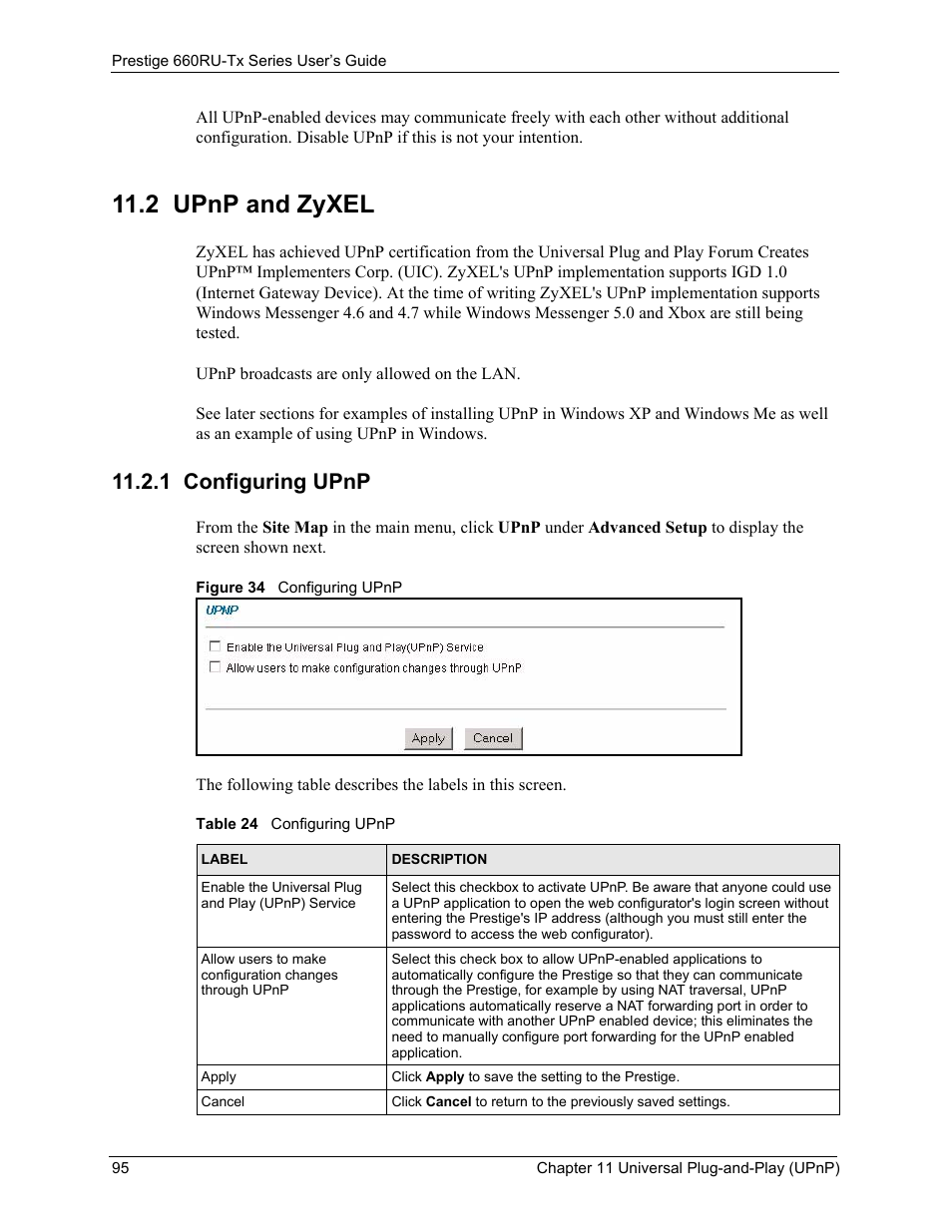 2 upnp and zyxel, 1 configuring upnp, Figure 34 configuring upnp | Table 24 configuring upnp | ZyXEL Communications ADSL2+ Ethernet/USB Gateway 660RU-Tx Series User Manual | Page 96 / 286